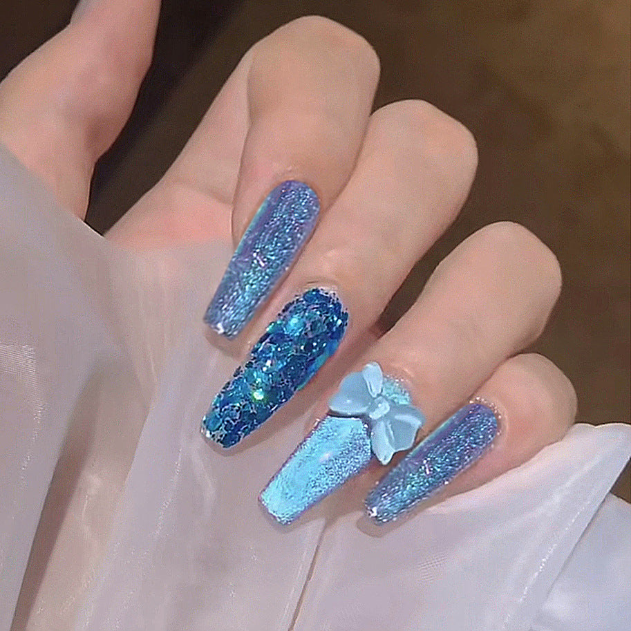 Enchanted Oceanic Long Coffin Blue Glitter Press On Nail Set with 3D Bow Accent