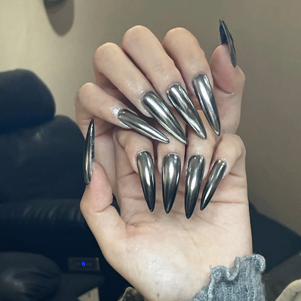 Futuristic Edge Extra Long Stiletto Chrome Press On Nail Set with Metallic Finish