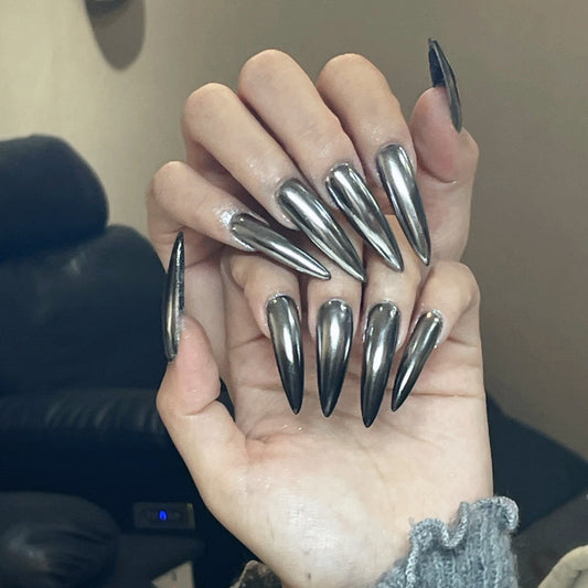 Futuristic Edge Extra Long Stiletto Chrome Press On Nail Set with Metallic Finish