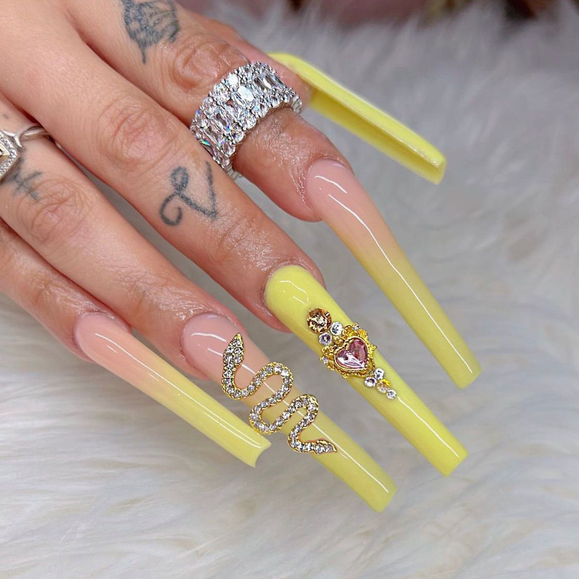 Sunshine Elegance Extra Long Coffin Yellow Press On Nail Set with Rhinestone Accents