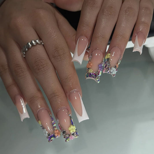 Floral Dream Long Square Acrylic Press On Nail Set Pink and White with Glittering Gemstone Decorations