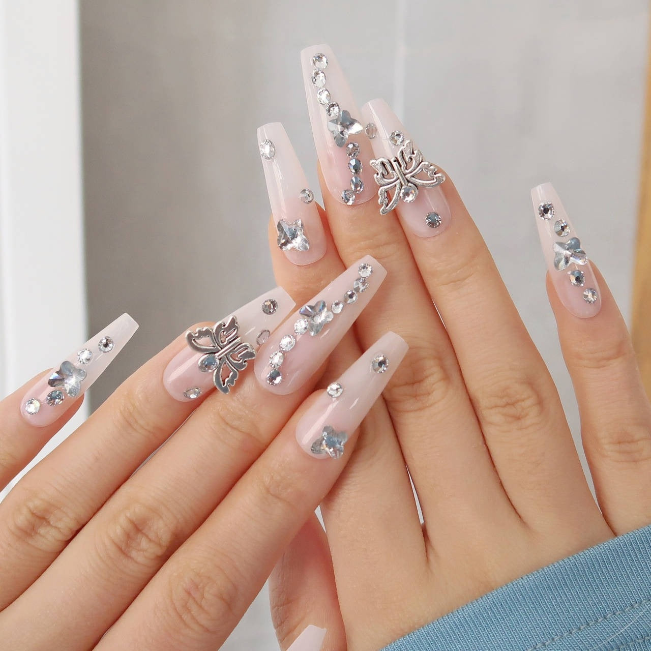 Enchanted Elegance Extra Long Coffin Pink Press On Nails with Rhinestone Accents