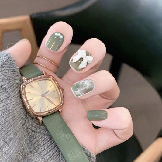 Botanical Elegance Short Square Olive Green Press On Nail Set with Marble Accent Design