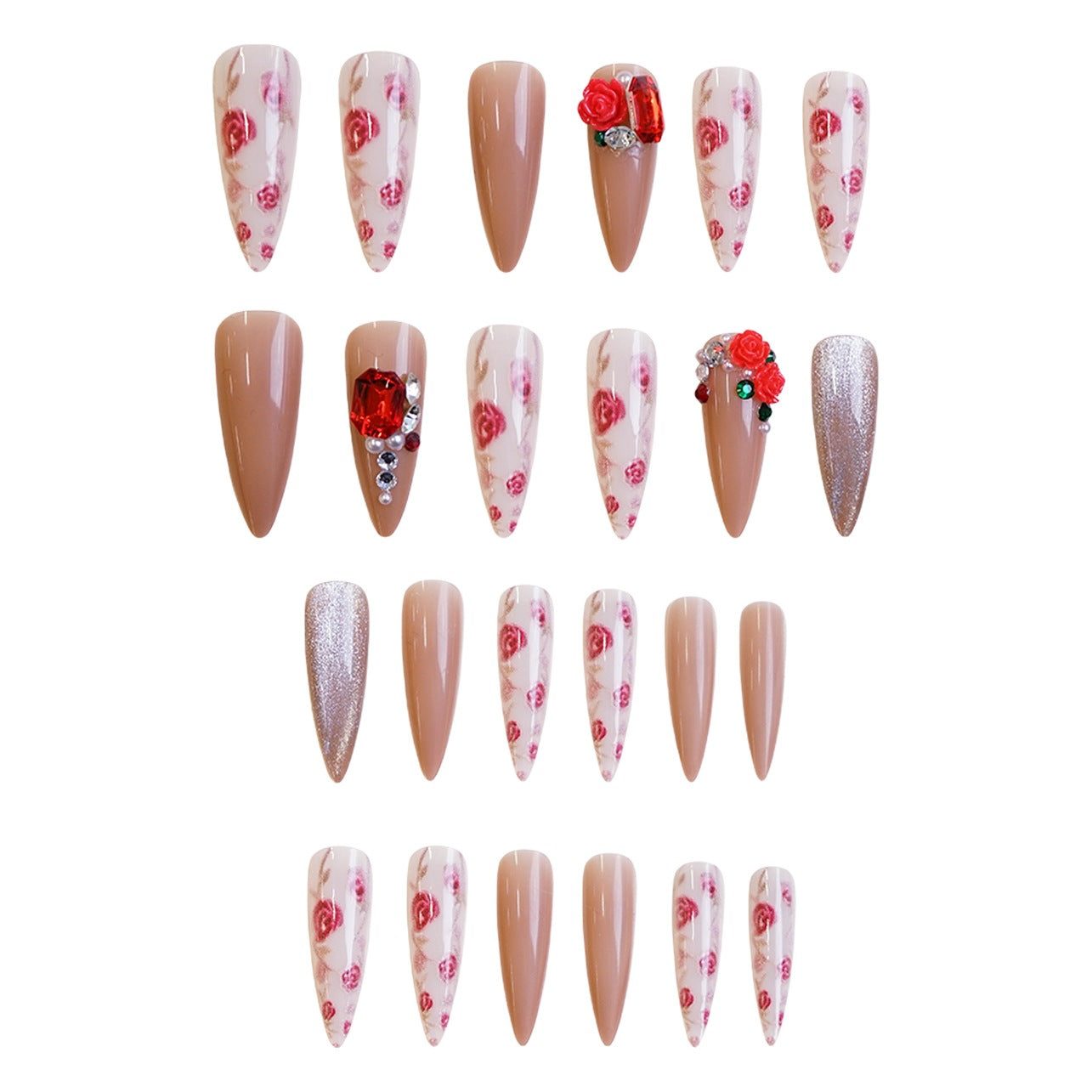 Romantic Garden Long Almond Shaped Beige and Floral Press On Nail Set with Glamorous Embellishments