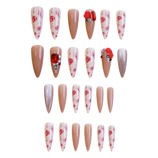 Romantic Garden Long Almond Shaped Beige and Floral Press On Nail Set with Glamorous Embellishments