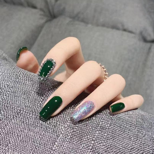 Emerald Elegance Long Coffin Green Press On Nails with Glitter Accent and Rhinestone Embellishments