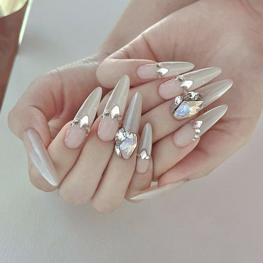 Elegant Bridal Bliss Long Almond Clear Pink Press On Nail Set with Rhinestone Embellishments