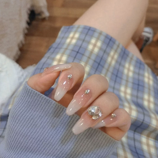 Elegant Bridal Collection Extra-Long Coffin Pale Pink Press On Nail Set with Rhinestone Accents