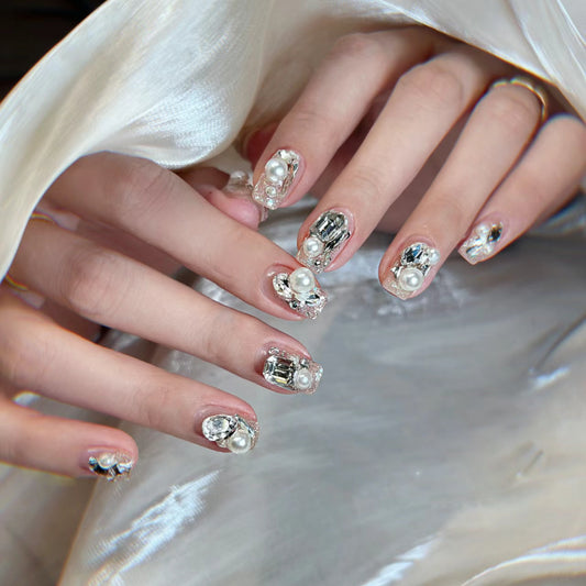 Elegant Nighttime Glamour Medium Square Soft Pink Press On Nails with Pearl and Crystal Accents