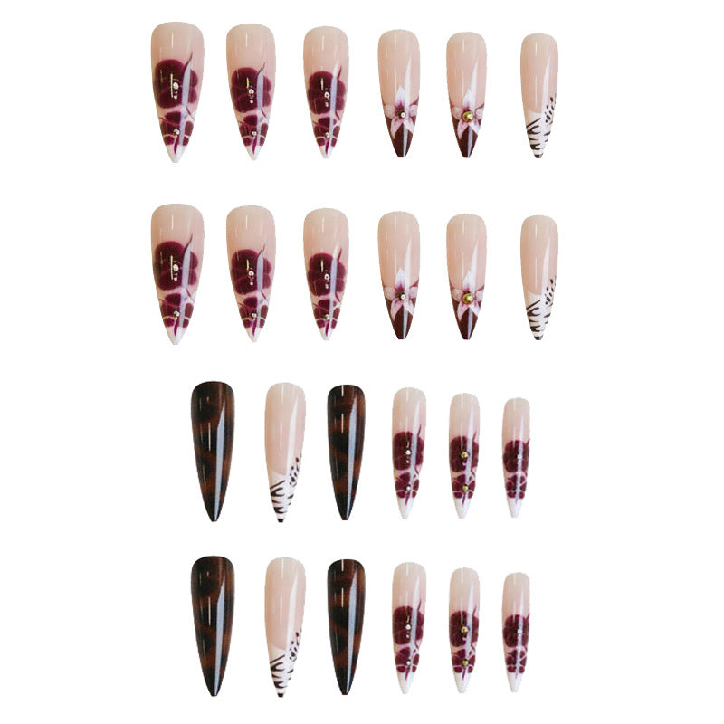 Enchanting Floral Elegance Long Stiletto Burgundy and Black Press On Nail Set with Intricate Hand Painted Design