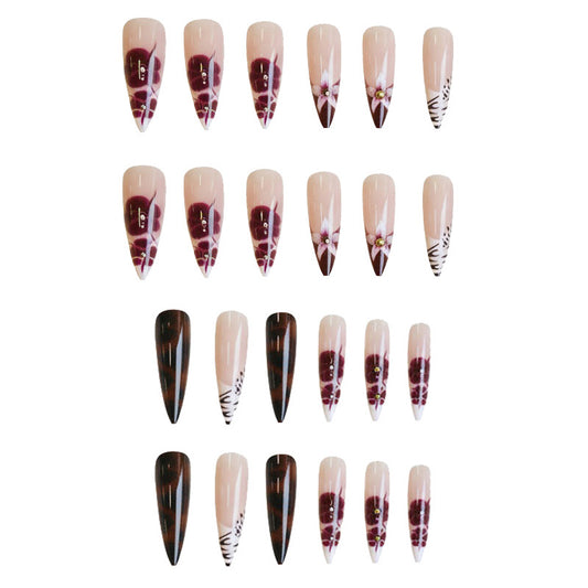 Enchanting Floral Elegance Long Stiletto Burgundy and Black Press On Nail Set with Intricate Hand Painted Design