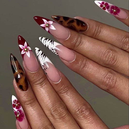 Tropical Elegance Long Stiletto Burgundy Leopard Print with Floral Accents Nail Set