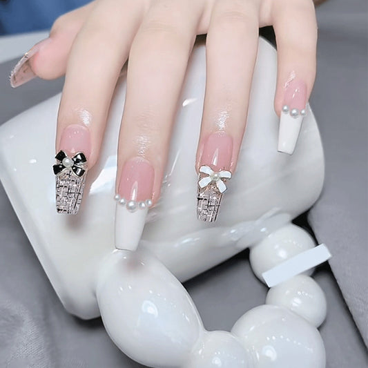 Elegant Bridal Long Coffin White Press On Nail Set with Rhinestone Bows and Pearl Accents
