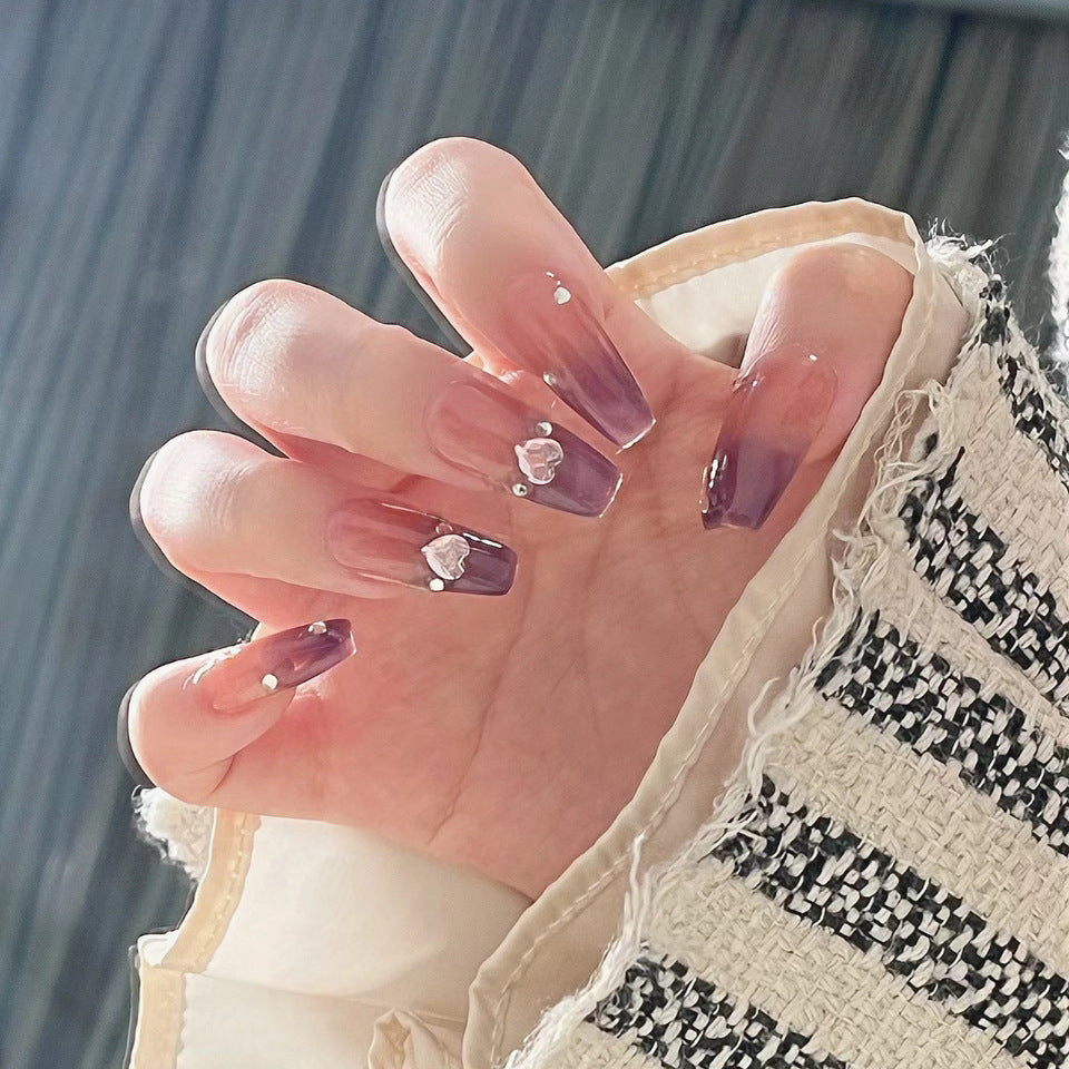 Elegant Evening Extra Long Coffin Purple Press On Nail Set with Gemstone Accents