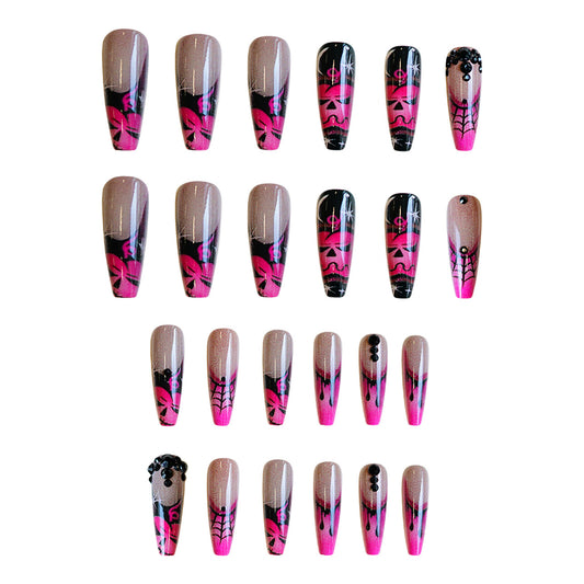 Halloween Fantasy Long Coffin Pink and Black Spider Design Press On Nail Set with Unique Glitter Accents