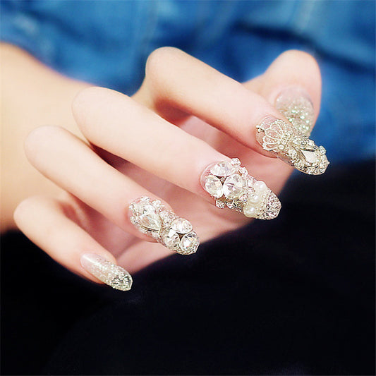 Elegant Bridal Extra-Long Coffin Shimmering Silver Glitter Press-On Nails with Luxe Rhinestone Accents