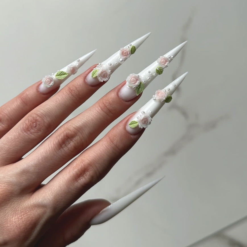 Whimsical Garden Extra Long Stiletto Press On Nails in White with Floral Embellishments and Pearl Accents
