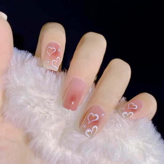 Romantic Affair Medium Square Beige Press On Nail Set with White Heart Design Accents