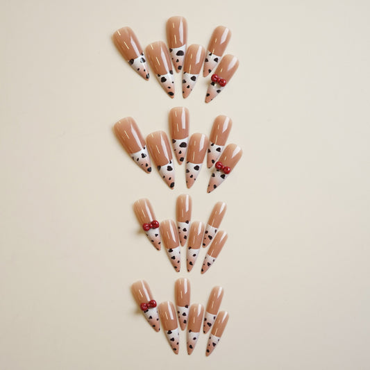 Delicious Dessert Inspired Long Stiletto Brown with Polka Dots and Cherry Accent Press on Nail Set