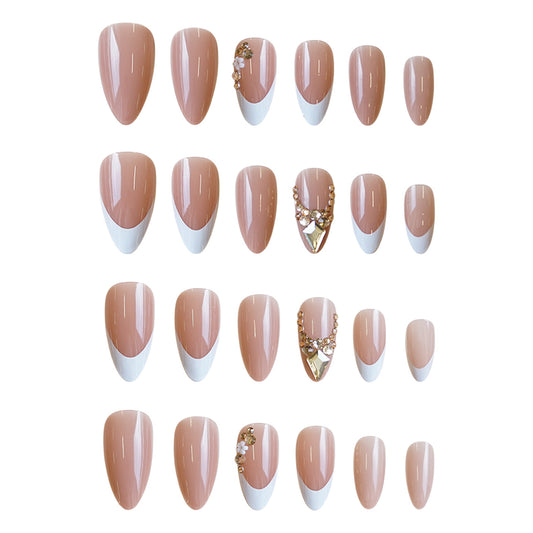 Glamorous Elegance Short Almond Beige and White Press On Nails with Crystal Accents