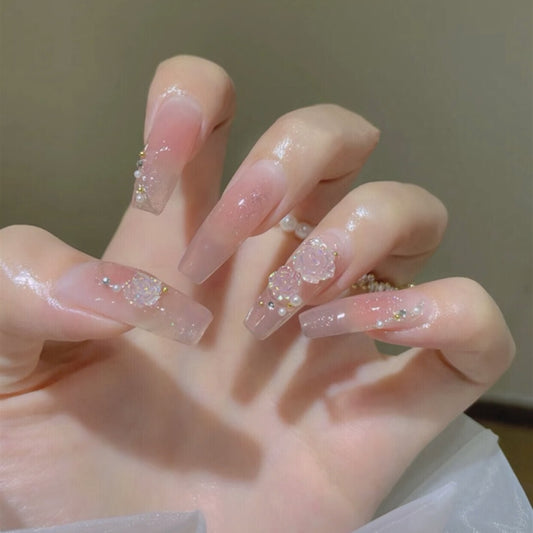 Elegant Bridal Long Coffin Pink Glitter Encrusted Press On Nail Set with Rhinestone Accents