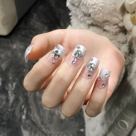 Glamorous Winter Wonderland Long Square Silver Glitter Press On Nail Set with Rhinestone Accents