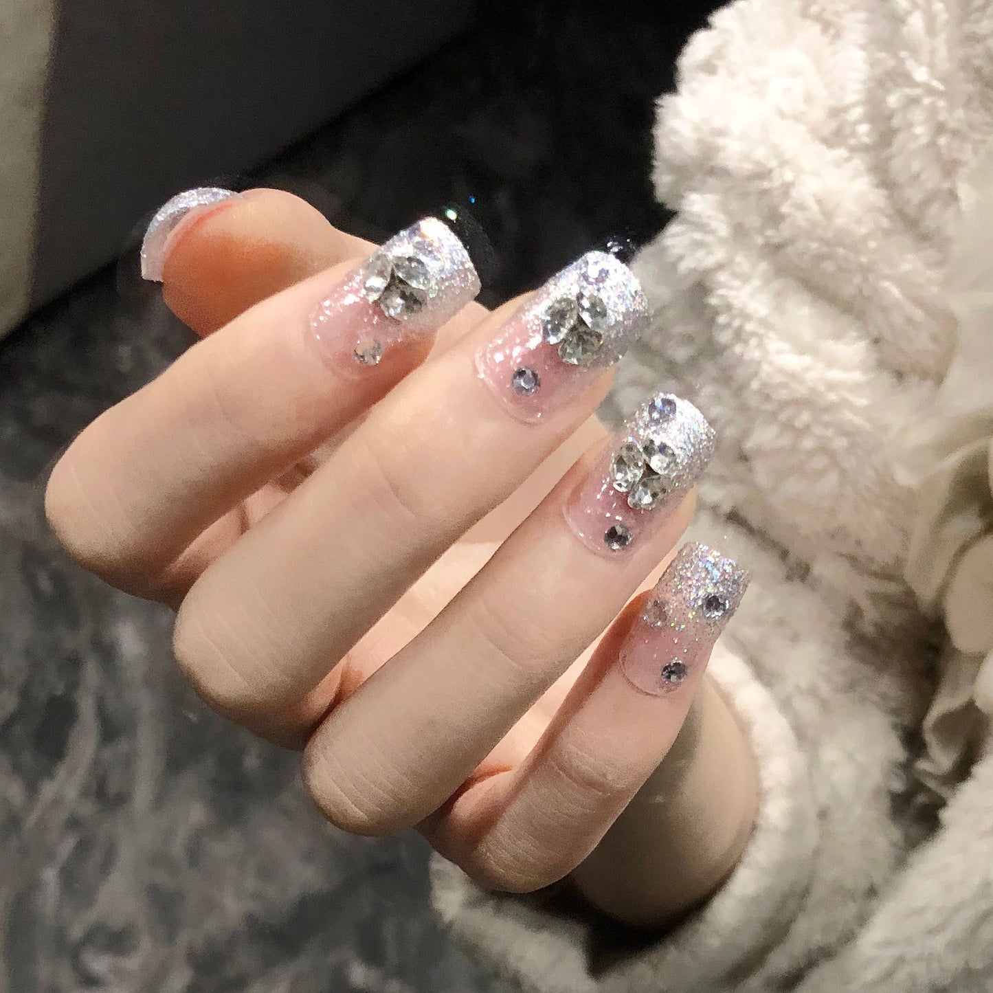 Glamorous Skull Sparkle Long Square Press On Nail Set in Glittery Silver with Unique Crystal Accents