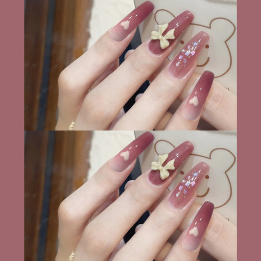 Enchanted Garden Long Coffin Mauve Press On Nail Set with 3D Floral Accents and Glitter Detail