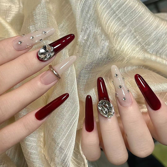 Elegant Soir‚àö¬©e Long Oval Burgundy and Beige Press On Nail Set with Rhinestone Accents