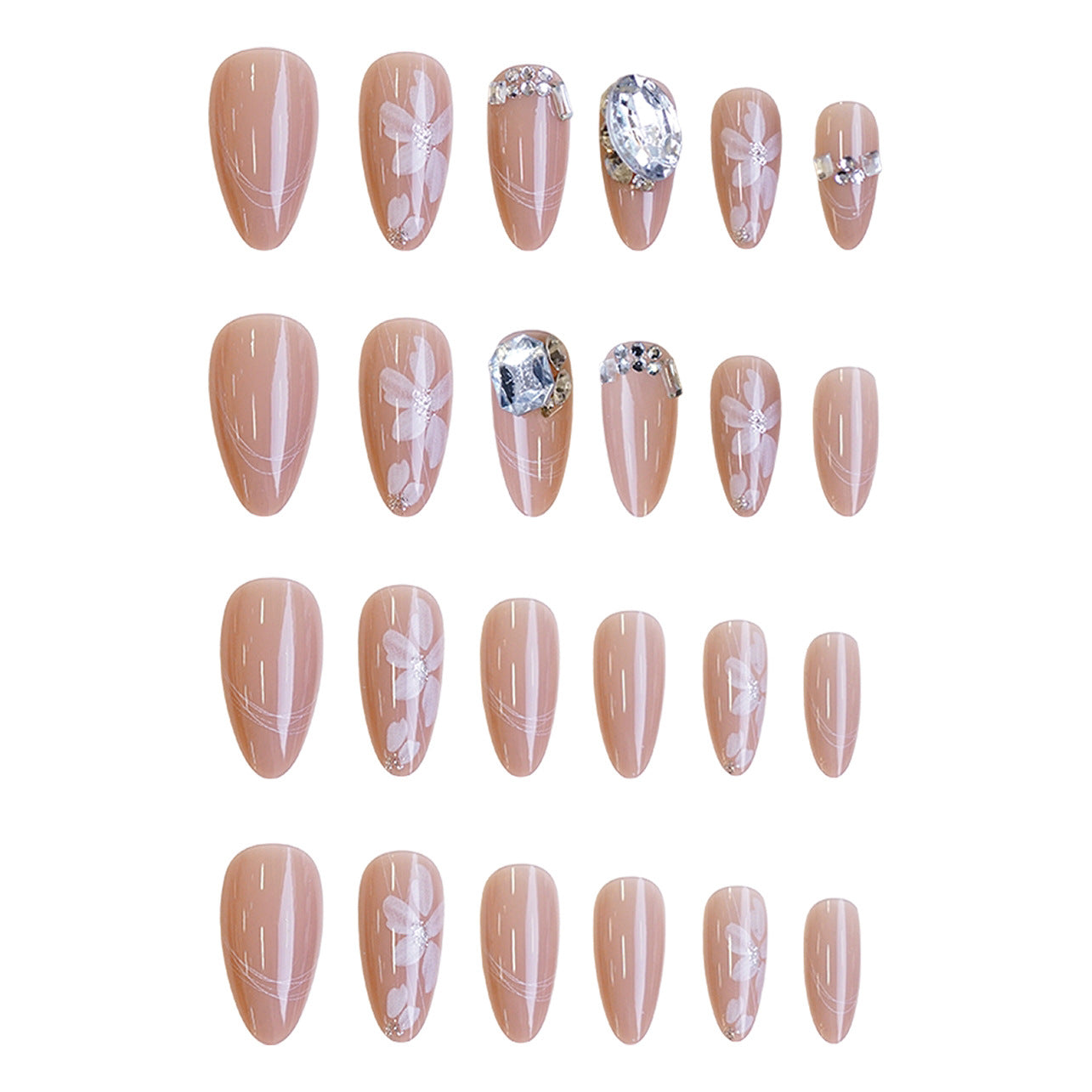 Blossom Elegance Medium Almond Beige Press on Nail Set with Stunning Floral Accents