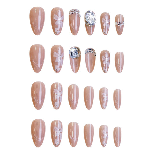Blossom Elegance Medium Almond Beige Press on Nail Set with Stunning Floral Accents