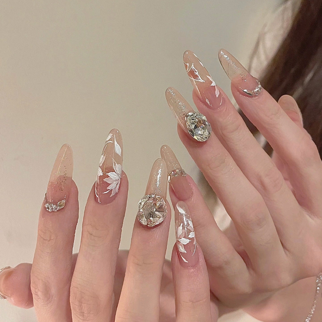 Enchanting Elegance Long Almond Beige Press-On Nail Set with Floral Accents and Gemstone Embellishments