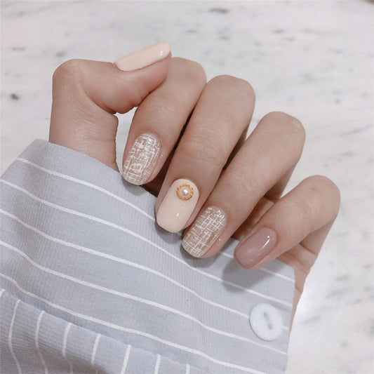 Elegant Bridal Collection Short-Length Square Beige Press On Nail Set with Rhinestone Accents and Textured Pattern