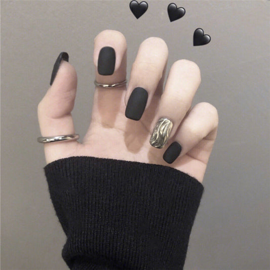 Midnight Elegance Short Square Matte Black Press On Nails with Silver Accent Nail Set