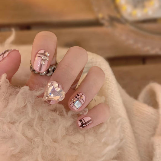 Elegant Bridal Short Square Blush Pink Press On Nail Set with Rhinestone Accents