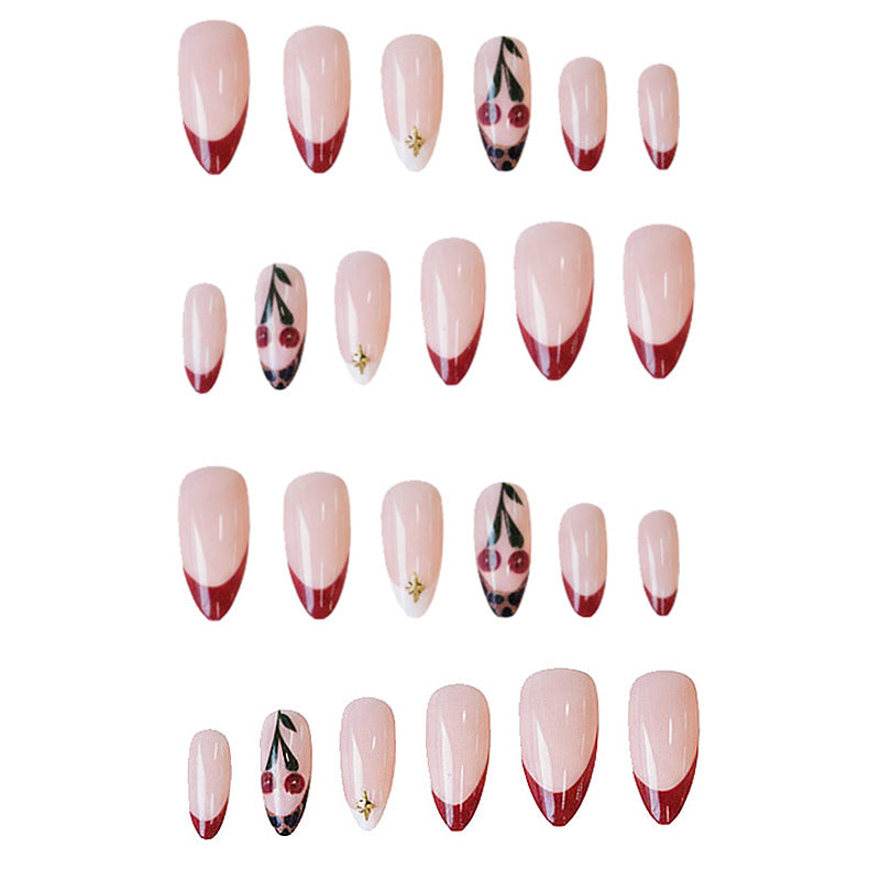 Cherry Blossom Elegance Medium Almond Beige with Red Tips and Floral Art Press On Nail Set