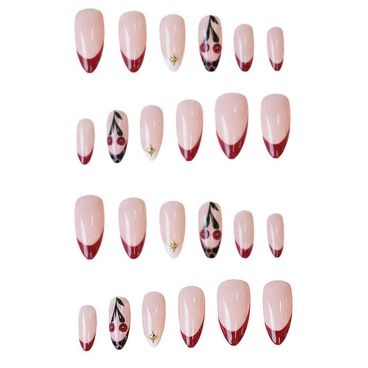 Cherry Blossom Elegance Medium Almond Beige with Red Tips and Floral Art Press On Nail Set