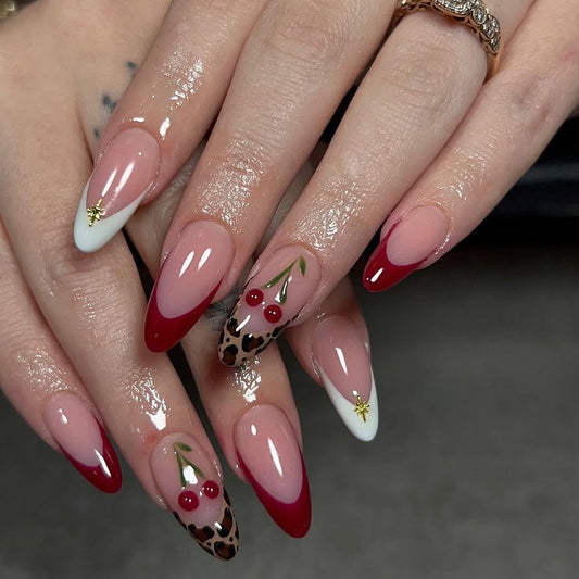 Cherry Blossom Dream Medium Almond Shaped Ombre Red and White Press On Nail Set with Unique Leopard Print Accent