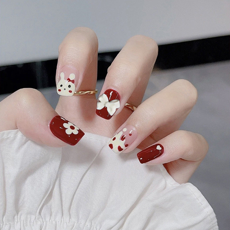 Animal Party Short Square Burgundy Press On Nail Set with Adorable Bunny Accents