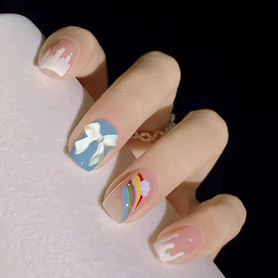Fantasy Skies Medium Square Pastel Blue and Beige Press On Nails with Whimsical Cloud Designs