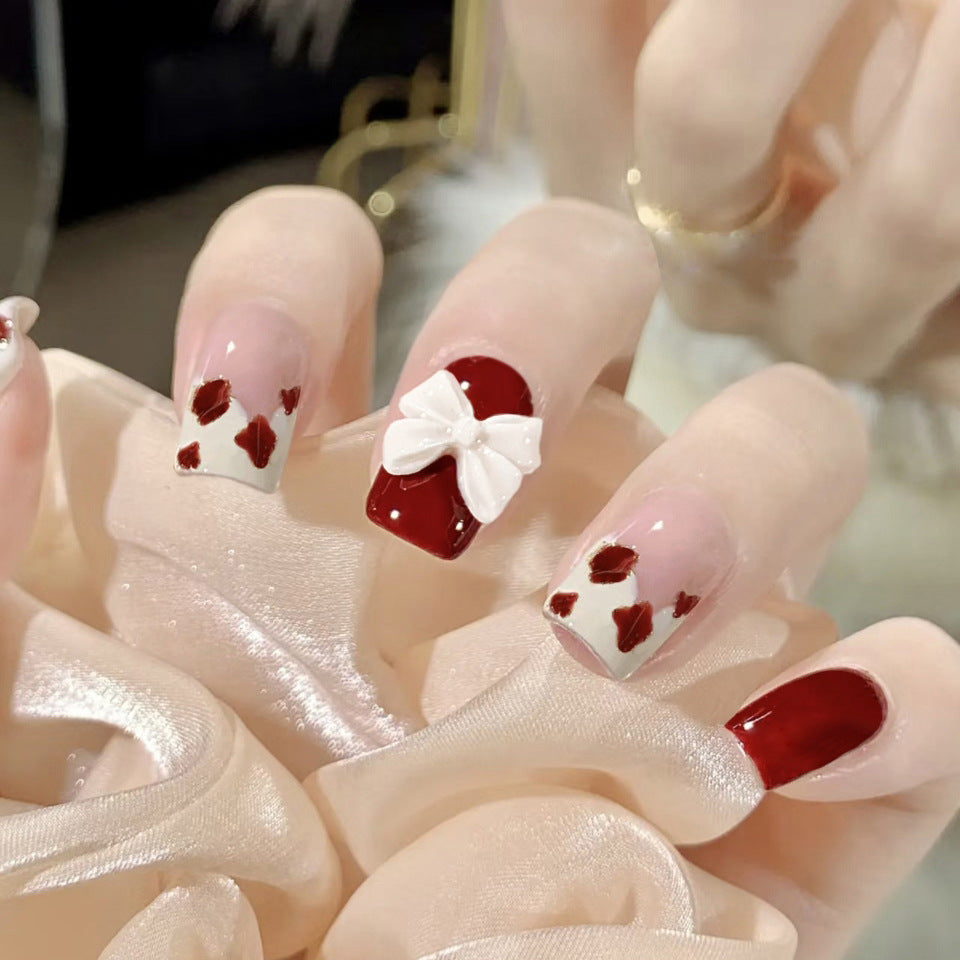 Valentine's Romance Medium Square Burgundy and Transparent Press On Nails with Heart Accents and Bow Design