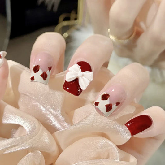Valentine's Romance Medium Square Burgundy and Transparent Press On Nails with Heart Accents and Bow Design