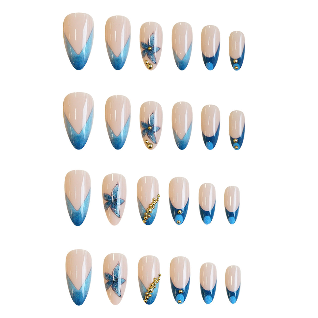 Ocean Breeze Glamour Medium Almond Blue Ombre with Floral Accents and Gemstone Embellishments Press On Nail Set