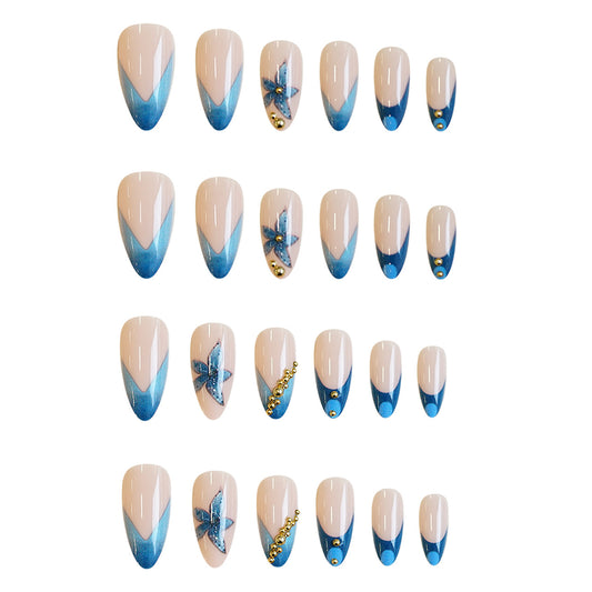 Ocean Breeze Glamour Medium Almond Blue Ombre with Floral Accents and Gemstone Embellishments Press On Nail Set