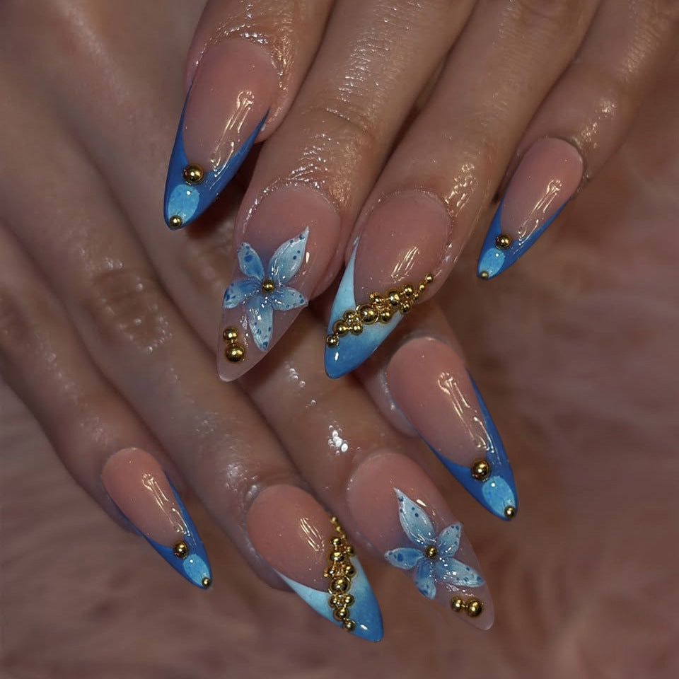 Ocean Breeze Glamorous Press-On Nail Set Medium Almond Shape Sky Blue ombre with Floral and Gold Accents