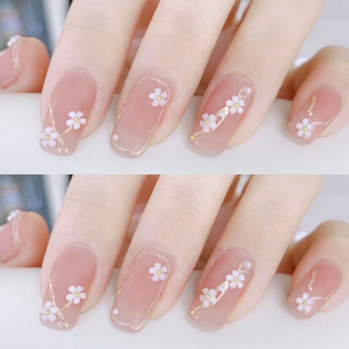 Spring Blossom Medium Square Beige Press On Nail Set with Floral Accents and Glitter Highlights