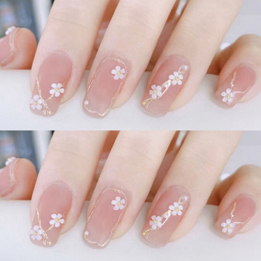 Spring Blossom Medium Square Beige Press On Nail Set with Floral Accents and Glitter Highlights