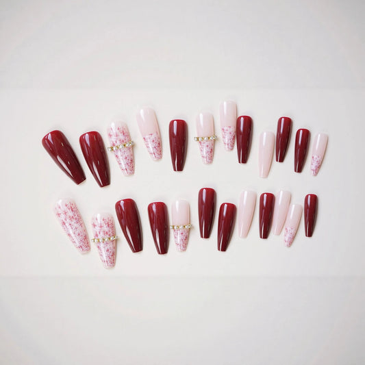Elegant Autumn Hues Long Coffin Red Pink Press On Nail Set Featuring Chic Gem Accents