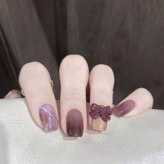 Elegant Autumn Chic Short Square Burgundy and Lavender Press On Nail Set with 3D Bow Decoration