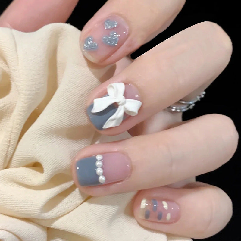 Elegant Soiree Medium Length Square Press On Nail Set in Pastel Pink and Grey with Pearl Accents and Bow Design